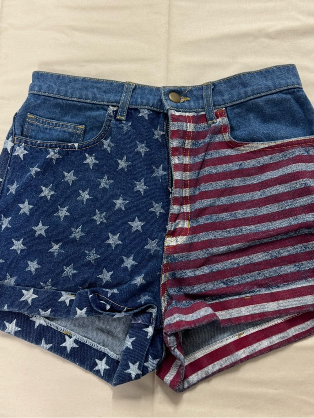 American Apparel Star & Stripe Patchwork Denim Shorts - Blue/Red